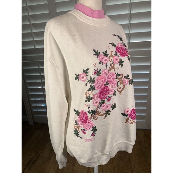 Vtg Grandma Core Double Collar White Pink Flowers Sweatshirt M/L K Hamilton View 4