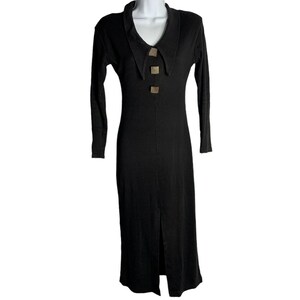 Vintage 70s Ange Paris Knit Maxi Dress S Black Collared Slit Morticia