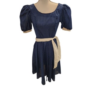 Vintage 70s Polka Dot Puff Sleeve Prairie Cottage Dress M Blue White