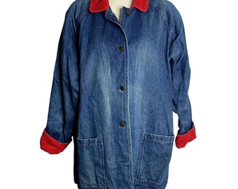 Vintage Flannel Lined Denim Chore Jacket L Dark Wash Red Corduroy Trim Pockets