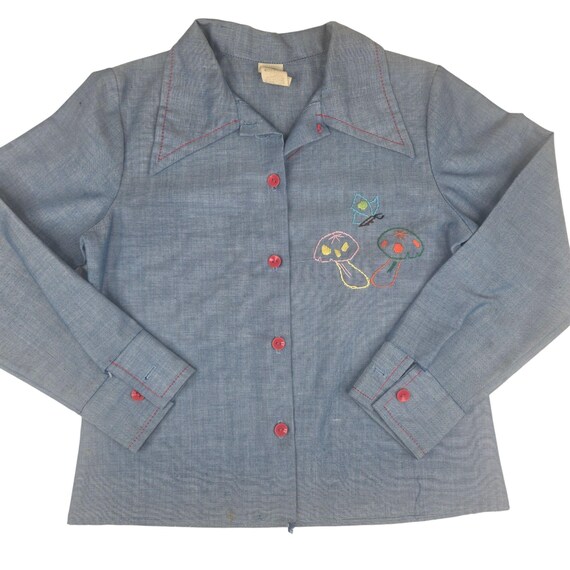 Vintage 70s Embroidered Shirt Womens Small Blue T… - image 2