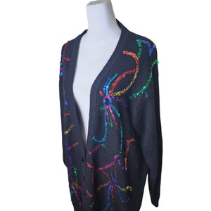 Vintage 80s Confetti Sequin Cardigan Sweater Womens Size M Black Rainbow Angora