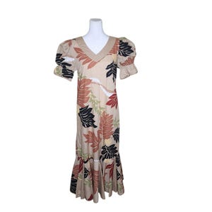 Vintage 80s Rainbow Tropical Hawaiian Muumuu Womens M Tan