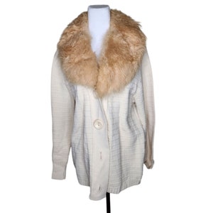 Vintage 70s Long Sleeve Fur Lion Collar Cardigan Sweater Womens Size L Beige