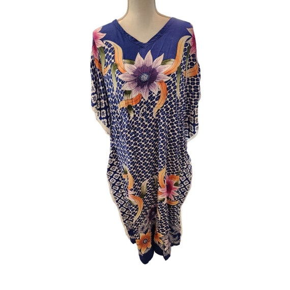 Vintage 80s Womens Blue Floral Kaftan MuuMuu Dres… - image 1