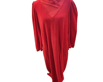 Vintage 70s Red Pullover Housecoat Terrycloth Robe M Pockets Coverup