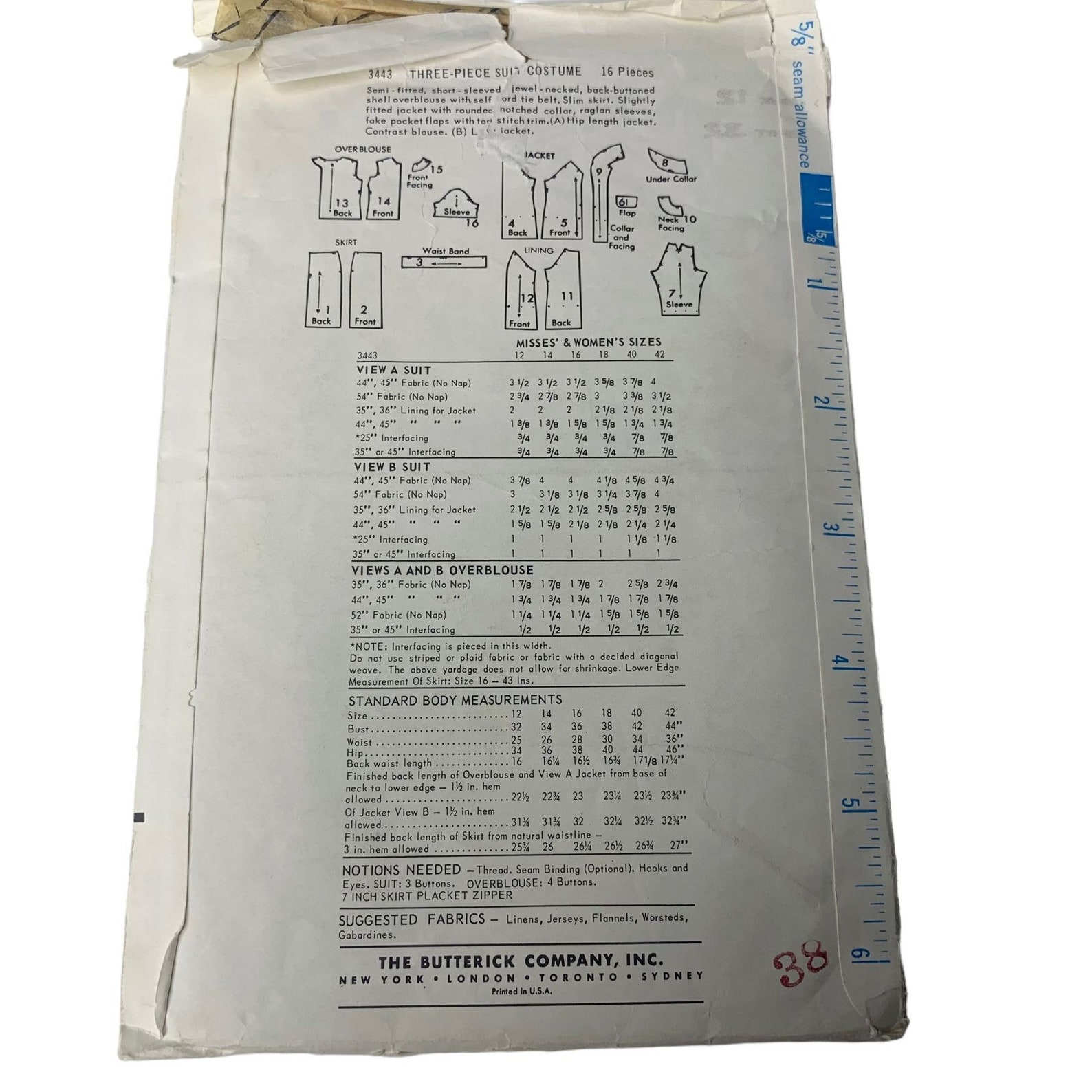 Vintage Butterick 3443 Pattern Misses 12-42 Three Piece Skirt Suit ...