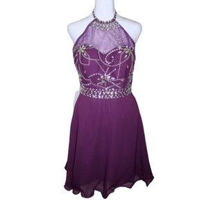 Y2K Cocktail Mini Dress Womens Size 6 Purple New Illusion Halter Chiffon Beaded