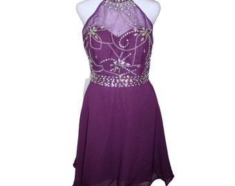 Y2K Cocktail Miniklänning Dam Storlek 6 Lila New Illusion Halter Chiffong Pärlpärlor