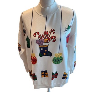 Vintage 80s Christmas Mock Turtleneck Sweatshirt White Bright Holiday Appliques