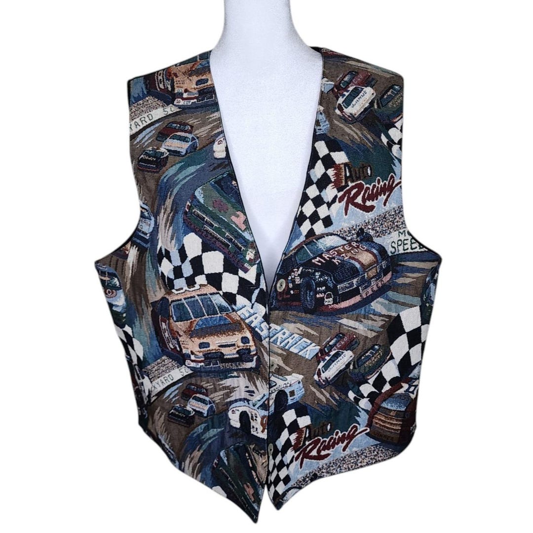 Vintage 90s Race Car Racing Embroidered Tapestry Vest Mens Size XL ...