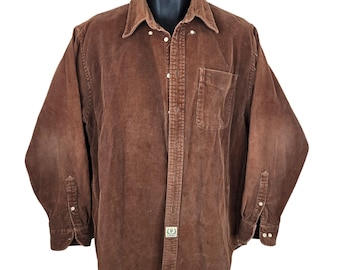 Camisa vintage de manga larga de pana marrón con botones para hombre, marca Hunt Club, años 80.