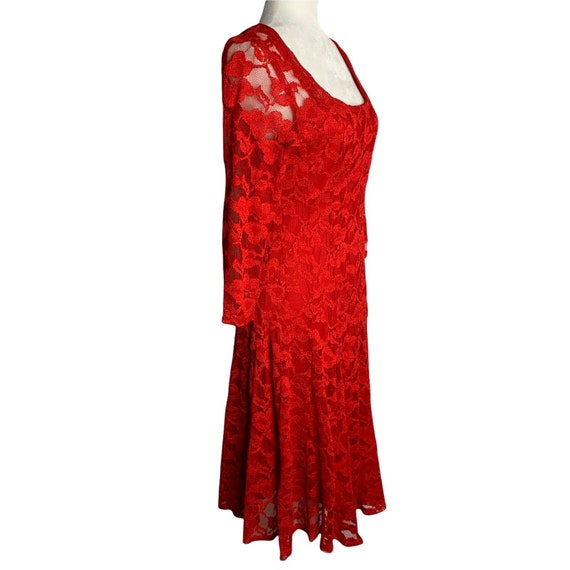 Vintage Leslie Fay Lace Swing Dress 10 Red Floral… - image 5