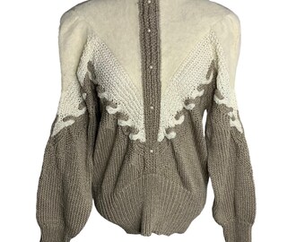 Vintage 80er Jahre Zopfmuster Angora Pullover M Taupe Perlen Schlüsselloch Pullover