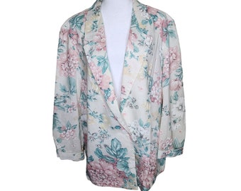 Vintage 80s Linen Boyfriend Boxy Blazer Womens Size XL Cream Floral Cottage Romantic