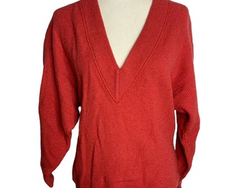Vintage Limited Lambswool Pullover Sweater M Red Ribbed Knit Pullover V Neck