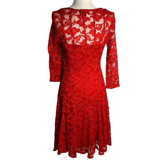 Vintage Leslie Fay Lace Swing Dress 10 Red Floral… - image 4