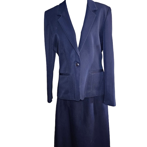 Vintage 80s Partner Suit Skirt Jacket Set Womens L Navy Blue Business Academia