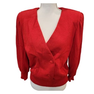 Suéter cárdigan rojo ASNY vintage de los años 80, talla M, hombros acolchados, doble botonadura y botones