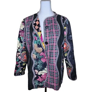 Vintage 80s 90s Reversible Jacket Multicolor Womens Size L Floral Black Mixed Fabrics