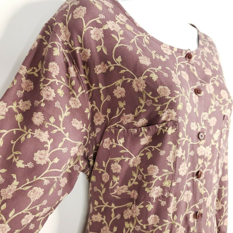 Vintage 90s Eddie Bauer Purple Floral Button Front Tie Waist Rayon Midi Dress XL