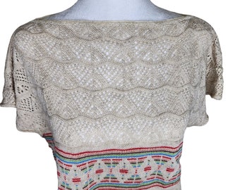 Vintage 1980s Filigree Boat Neck Cap Sleeve Sweater Womens Size L Ivory Cream