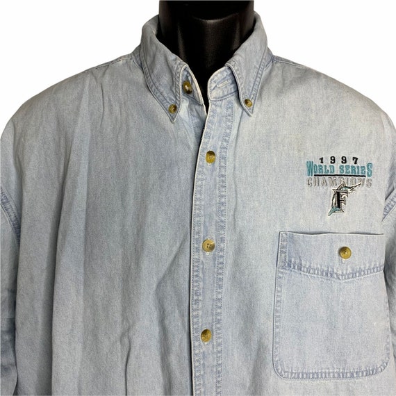 Vintage 90s Lee Florida Marlins Denim Shirt XL Li… - image 1