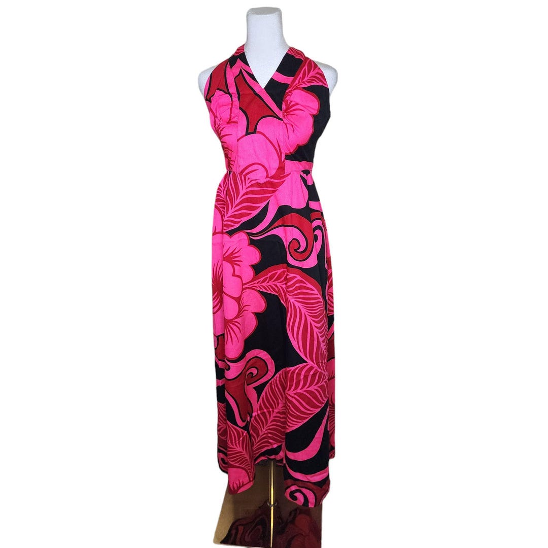 Vintage 70s Fumis Halter Tie Hawaiian Maxi Dress Womens Size S Pink ...