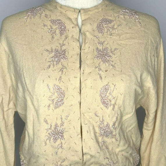 Vintage 50s Hand Beaded Cardigan Sweater S Beige L
