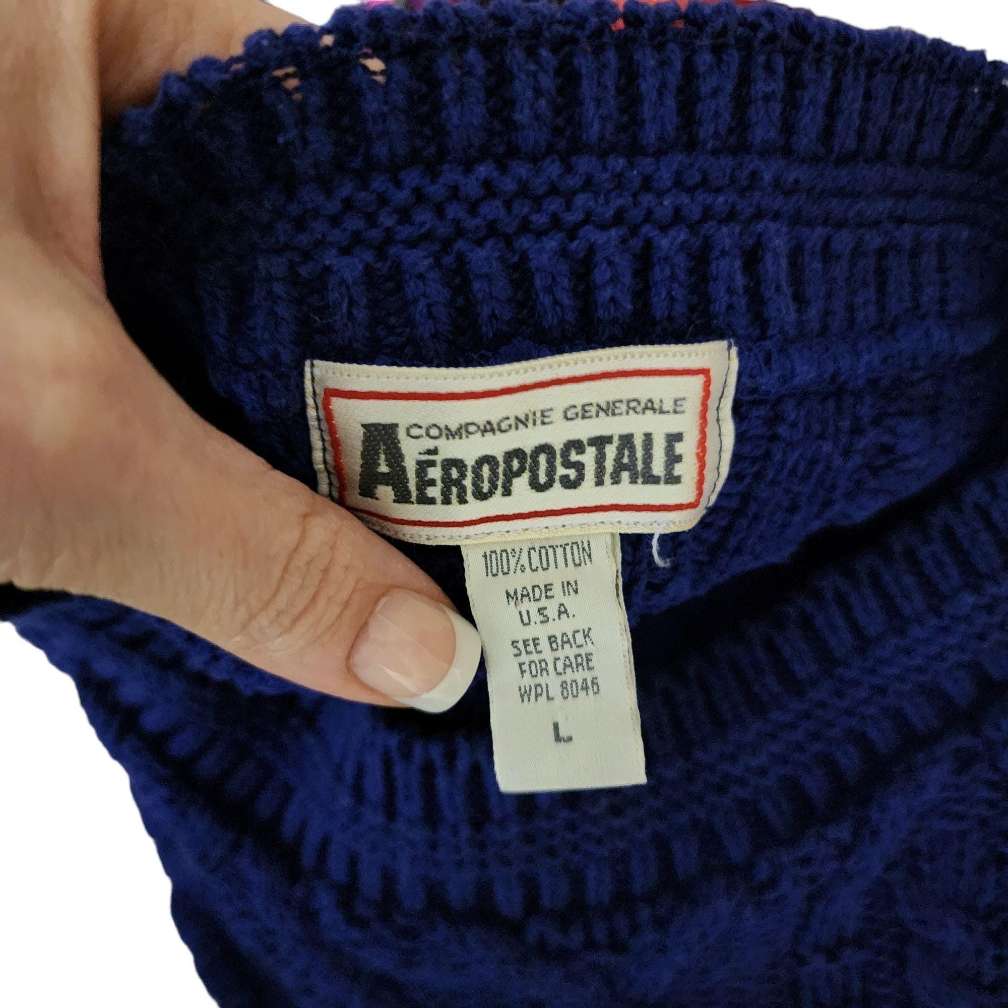 Vintage 80s Aeropostale Cable Knit Pullover Sweater Mens L Blue 
