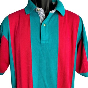 Vintage 90s Mens Striped Polo Shirt L Turquoise Pink Short Sleeve Buttons