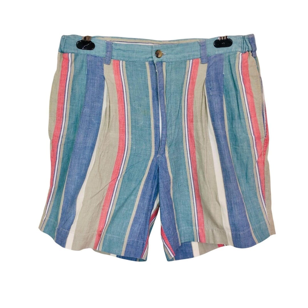 【90s vintage】archive pleats pants shorts Vintage 90s Mens Shorts Size 34 Pink Blue Striped Pleated - Etsy