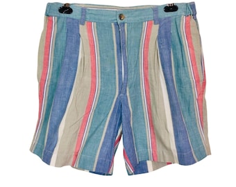 【90s vintage】archive pleats pants shorts Vintage 90s Mens Shorts Size 34 Pink Blue Striped Pleated - Etsy