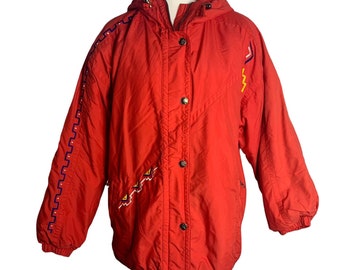 Vintage 90s Kaelin Winter Ski Hooded Jacket M Red Parka Aztec Toggle Waist