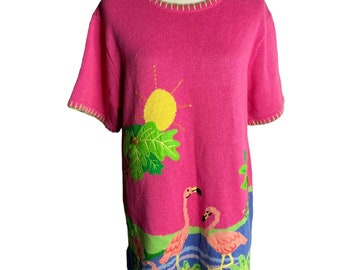 Vintage Quacker Factory Flamingo Sweater L Różowa Tunika z Krótkim Rękawem z Koralikami