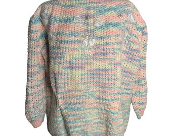 Vintage Handgemachter Strickpullover XL Pastell Pink Blau BootHals Puffärmel Applikation