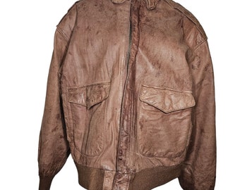 Vintage 80s Leather Bomber Flight Jacket Mens Size Medium Brown Soft