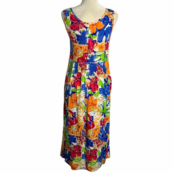 Vintage 80s Midi Tank Top Dress S Tropical Floral… - image 5