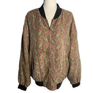 Vintage Silk Full Zip Bomber Jacket L Purple Paisley Lined Long Sleeves