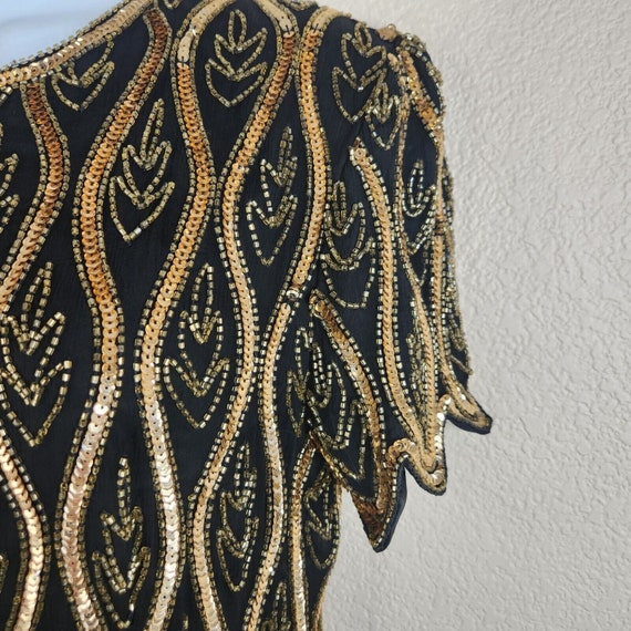 Vintage Stenay Black Gold Beaded Sequin Silk Dres… - image 3