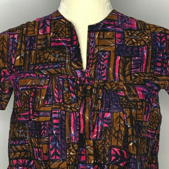 Vintage 60s Babydoll Shirt S Pink Brown Tribal Na… - image 2