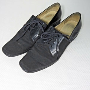 Ferragamo Skipper Black Leather Fabric Lace Tie Oxfords 7.5 Womens Shoes Vintage