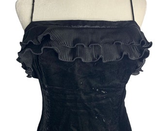 Vintage 80s Gunne Sax Velvet Sheath Dress S Black Ruffle Spaghetti Straps