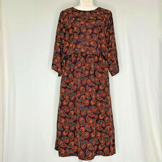 Vintage Midi A Line Dress M Brown Paisley Brown O… - image 1