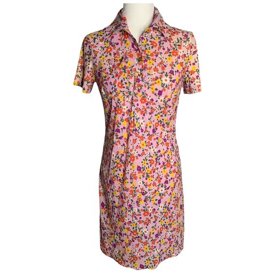 Vintage 70s Shift Shirt Dress S Pink Floral Butto… - image 2