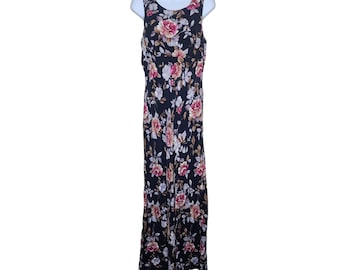 Vintage 90er Jahre Floral Maxi Slip Dress: Schwarze Viskose-Schnürung, Gr. M