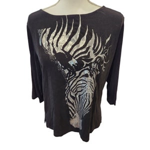 Vintage 80s Black Silver Metallic Zebra Flowy Blouse Shirt Top M USA