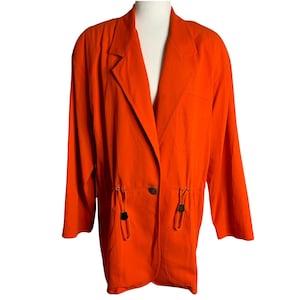Vintage 80s Anne Klein Anorak Utility Jacket 12 Orange Pocket Drawstring Waist