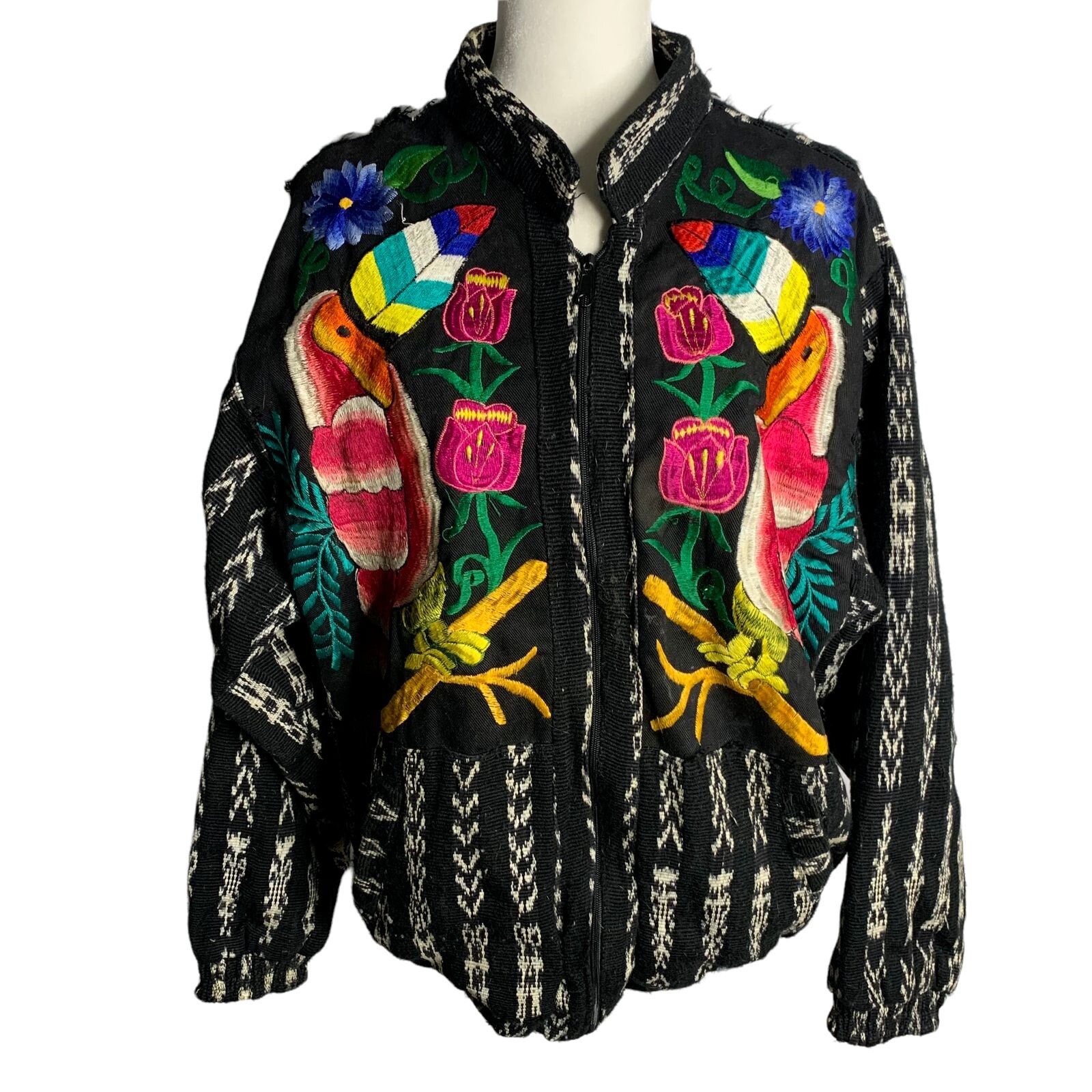 Vintage Toucan Embroidered Bomber Jacket M Black Woven Zip Vintage Toucan Embroidered Bomber Jacket M Black Woven Zip