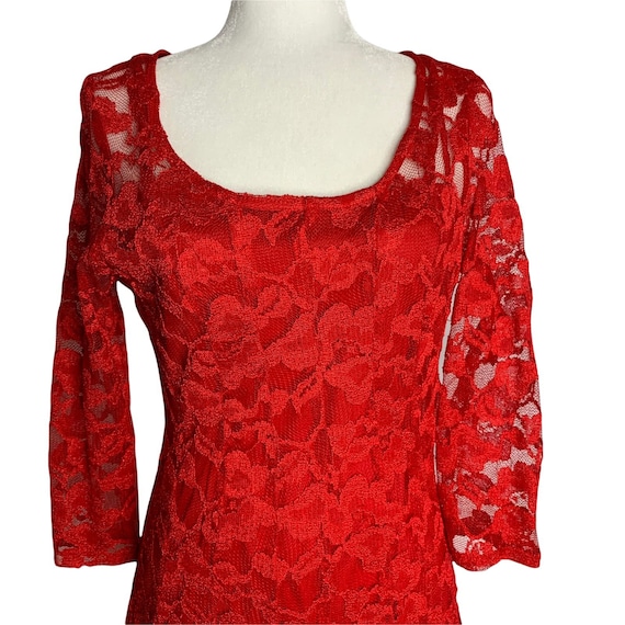 Vintage Leslie Fay Lace Swing Dress 10 Red Floral… - image 1